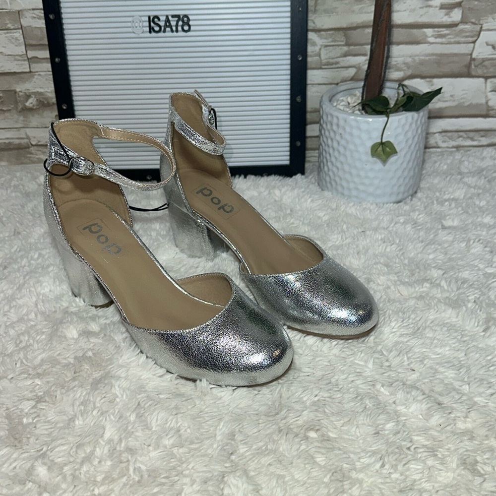 Pop Womens Gal Block Heel Silver 9.5 Pumps